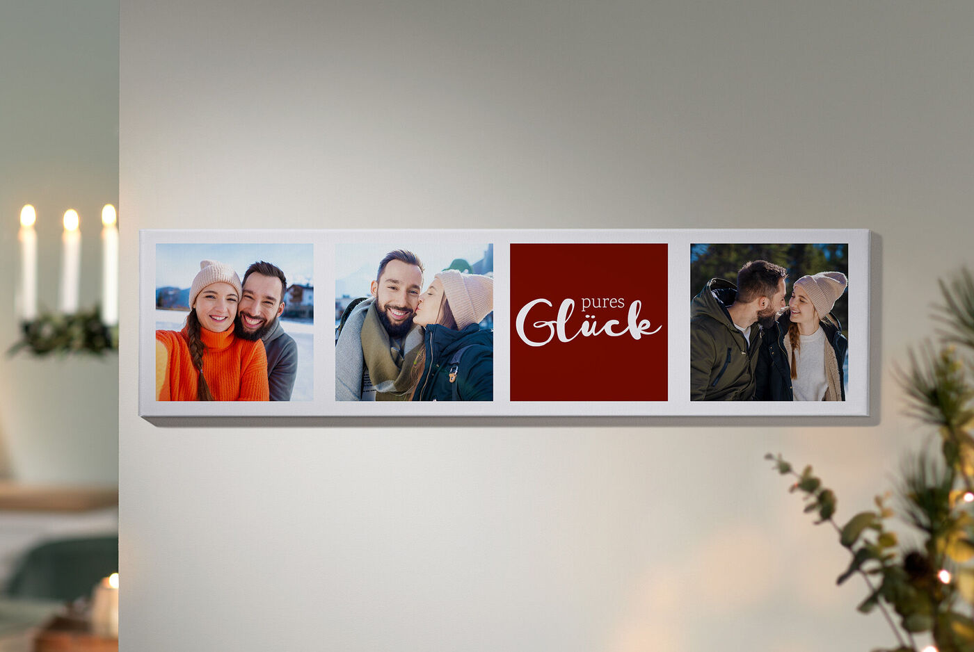 Ein kreatives Wandbild mit vier Bildern glücklicher Momente.