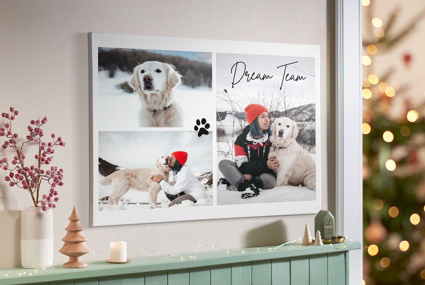 Wundervolles CEWE Wandbild mit einem Hund und einem Kind in winterlicher Umgebung, das Glücksmomente zeigt.