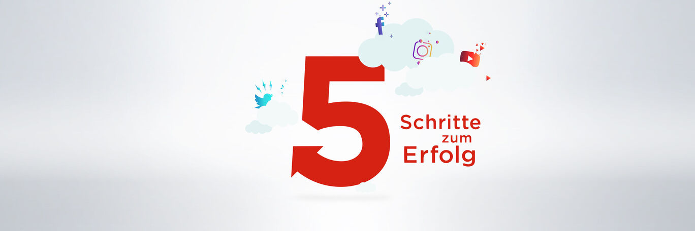 Die Zahl fünf in rot steht im Mittelpunkt mit bunten Wolken, die Symbole von sozialen Medien zeigen, die den Weg zum Erfolg symbolisieren