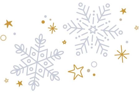Zarte Schneeflocken und goldene Sterne auf weißem Hintergrund.