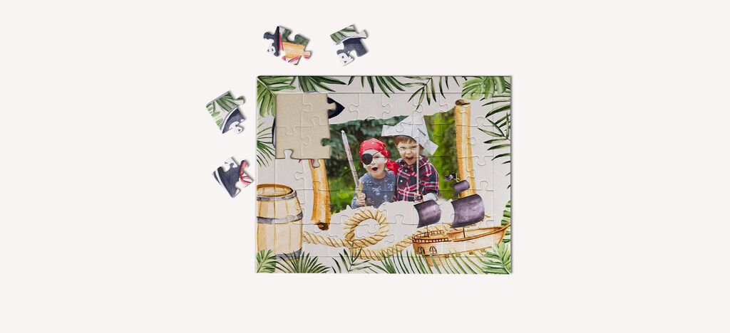 Colorful puzzle layout with tropical leaves theme and scattered pieces