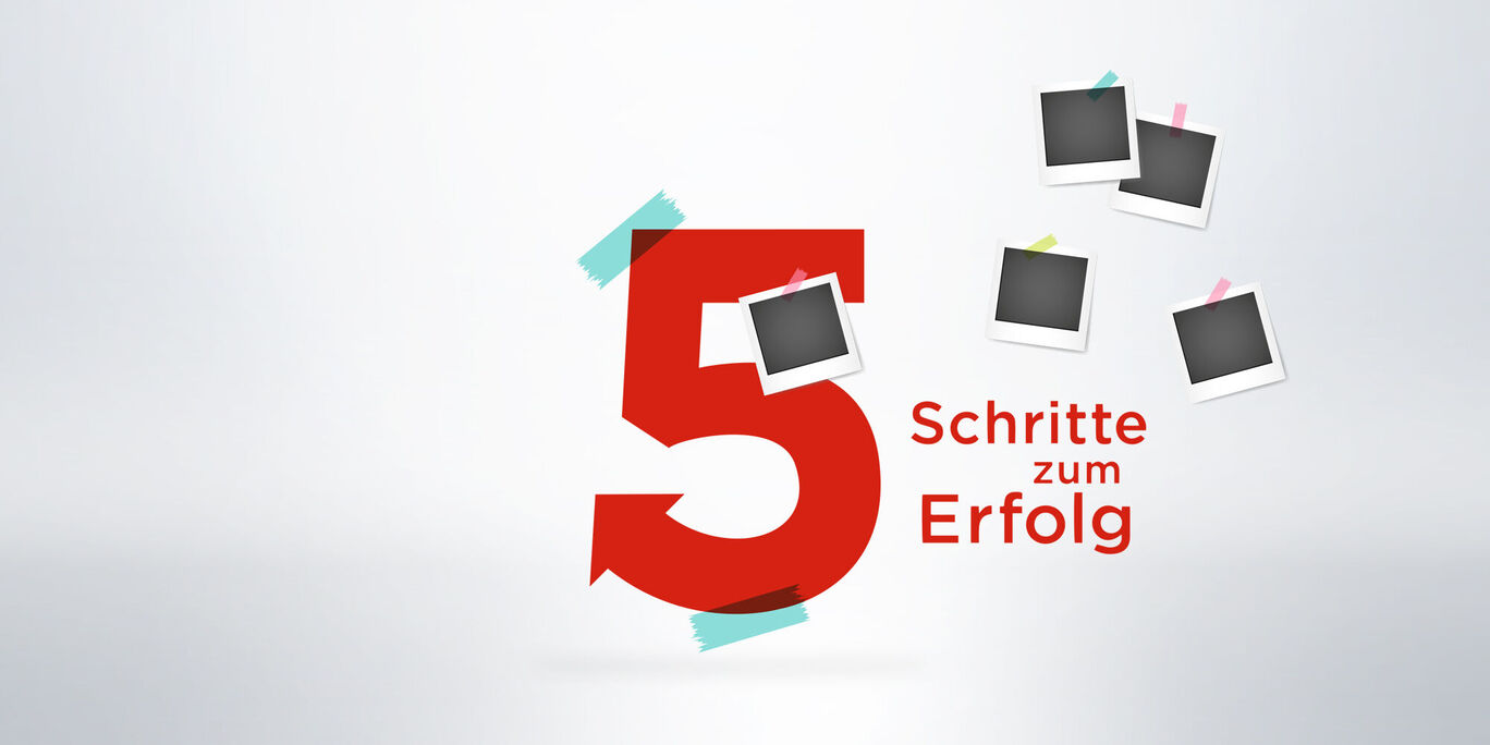 Grafik mit dem Text "5 Schritte zum Erfolg" und Polaroid-Fotos