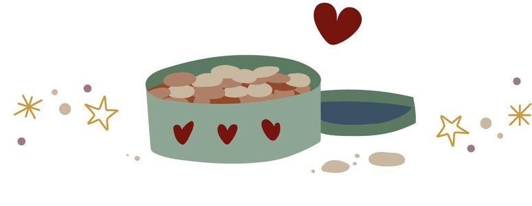 Eine liebevoll gestaltete grüne Box mit Herzmotiven, gefüllt mit runden, bunten Plätzchen oder Bonbons, geöffnet und bereit zum Teilen.