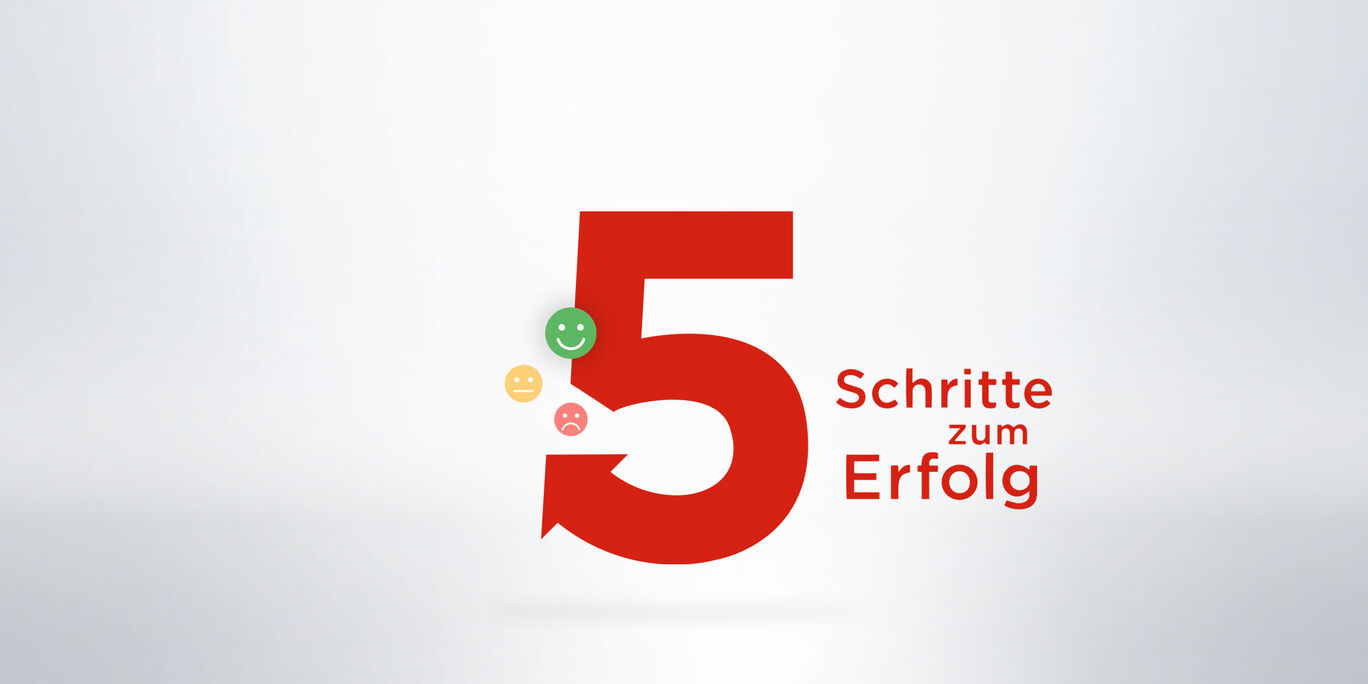 Zahl 5 in Rot mit bunten Emojis und dem Text Schritte zum Erfolg