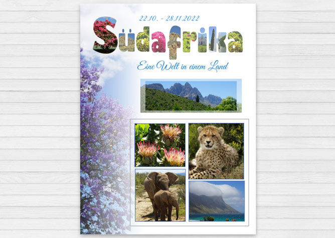 Bunt gestaltete Collage über Südafrika mit Fotos von Tieren, Pflanzen und Landschaften, darunter ein Gepard und Elefanten, umgeben von Schriftzug und Datum