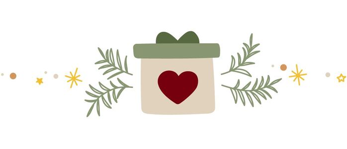 Ein liebevoll gestaltetes Geschenk mit einem roten Herz auf einem hellen Hintergrund, umgeben von grünen Pflanzenmotiven