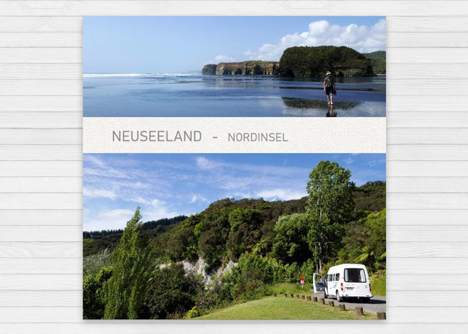 Collage mit Bildern von Neuseeland: Ein Wanderer am Strand und eine malerische Straßenansicht mit einem Wohnmobil.
