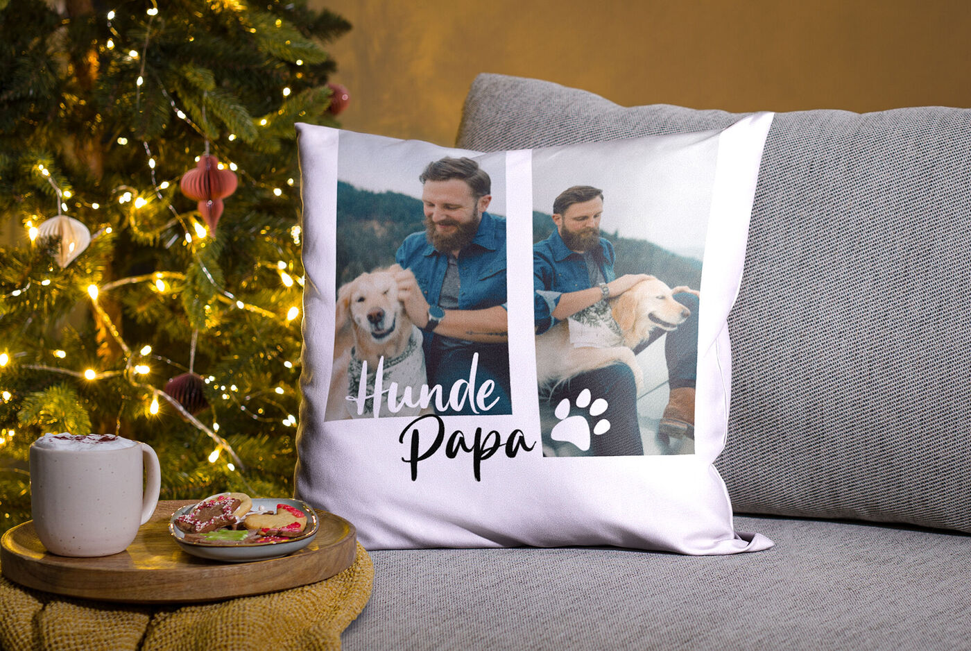 Kissen mit Fotos von einem Hund und einem Mann mit Hund, beschriftet mit 'Hunde Papa'.